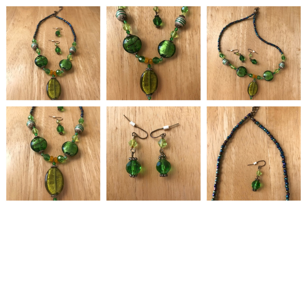 Handmade Green Glass Necklace Earrings Set Retro